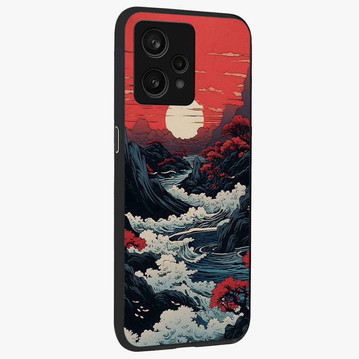 Red Sunset Scenery Glass Case upright view showcasing dramatic sunset scenery artwork with warm nature theme.