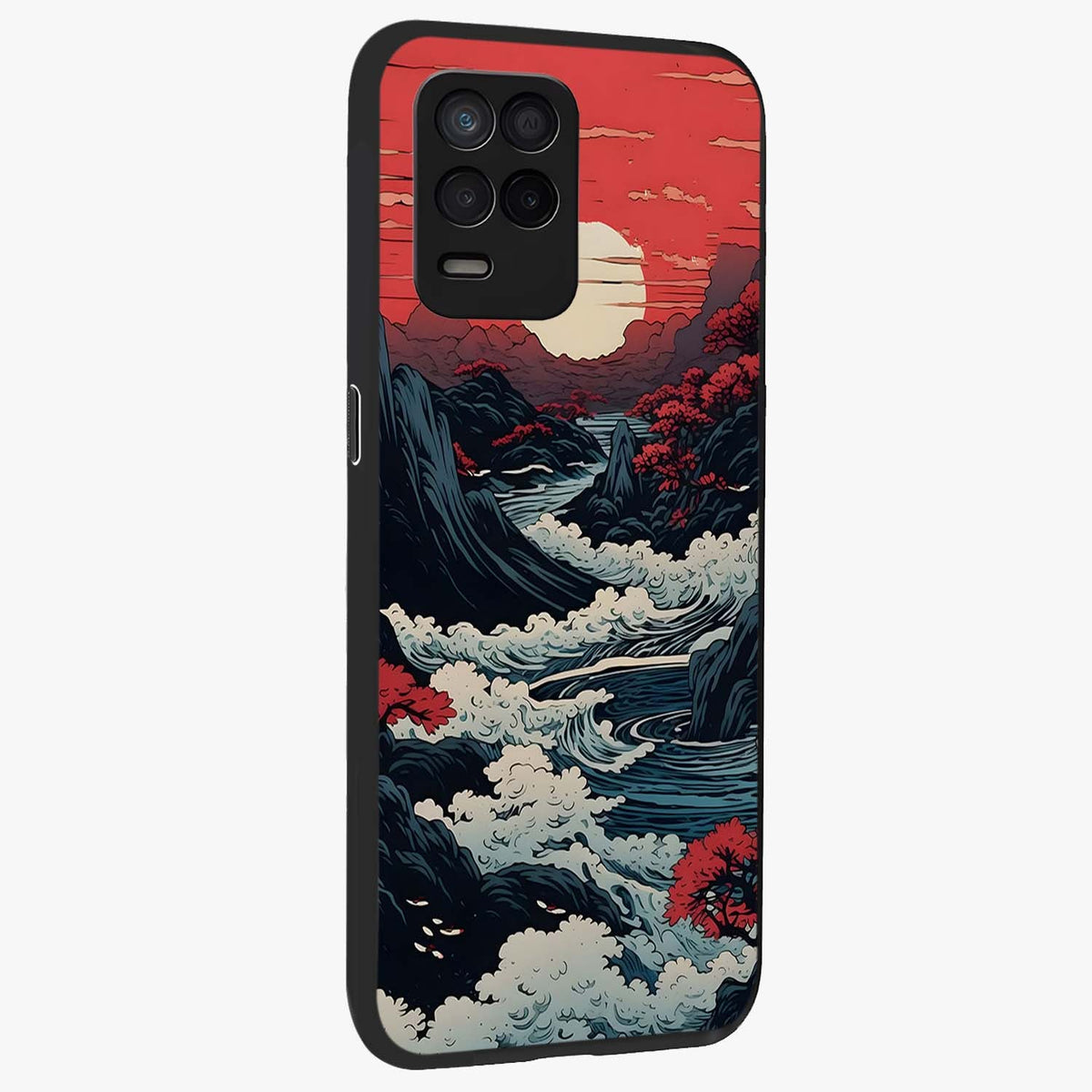 Red Sunset Scenery Glass Case upright view showcasing dramatic sunset scenery artwork with warm nature theme.