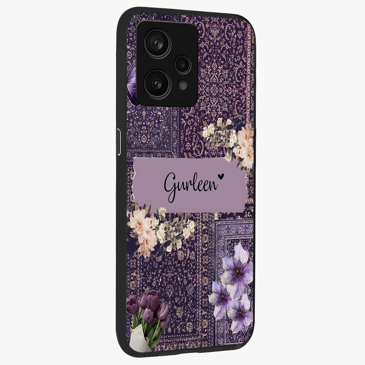 Antique Floral Whisper Custom Name Glass Case upright view showcasing delicate floral artwork with custom name feature.