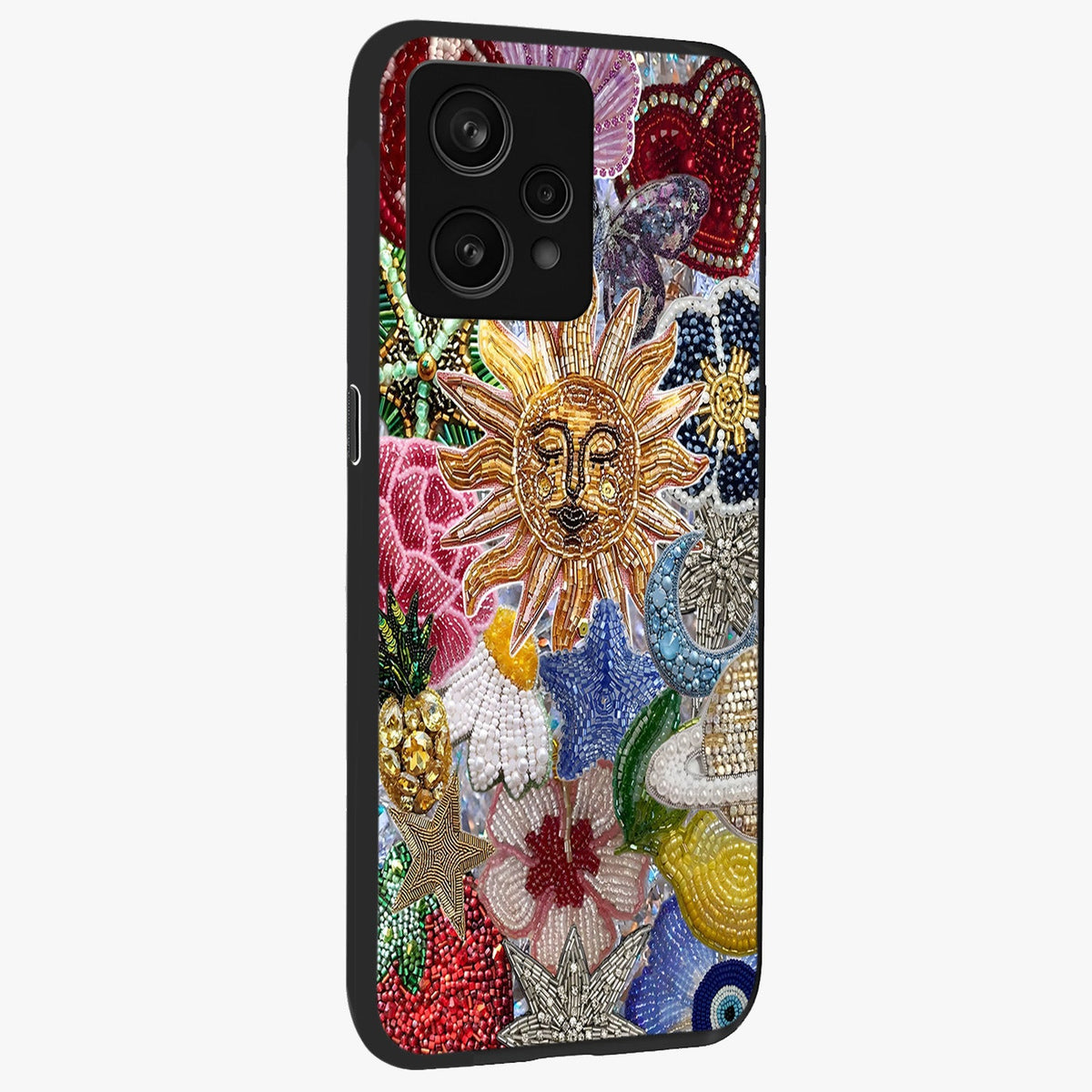 Celestial Floral and Playful Glass Case upright view showcasing whimsical floral artwork with cosmic aesthetic theme.
