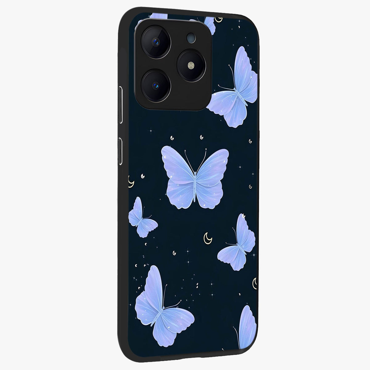 Butterfly With Stars Pattern Glass Case upright view showcasing celestial butterfly artwork with sparkling star elements.