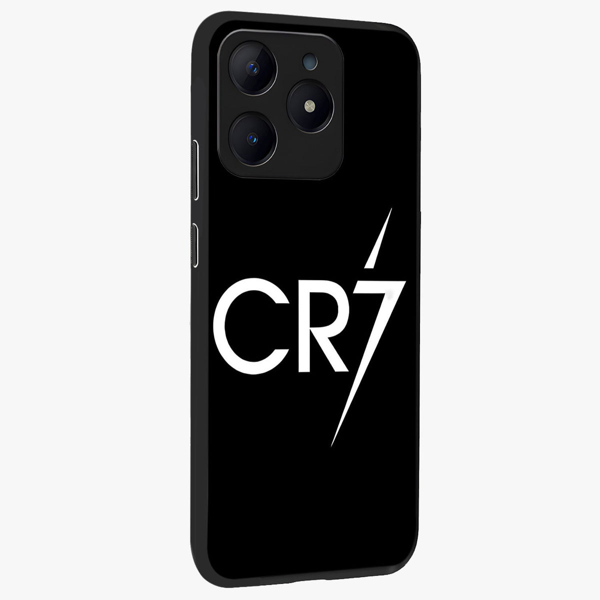 Cr7 Elite Strike Glass Case upright view showcasing energetic football inspired design with modern sports aesthetic.