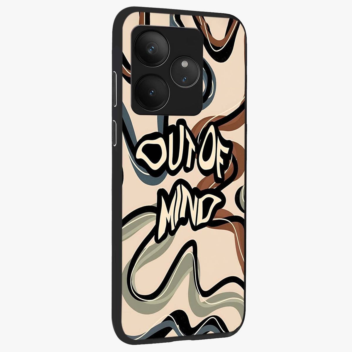 Out Of Mind Glass Case upright view showcasing striking typography artwork with edgy conceptual theme.