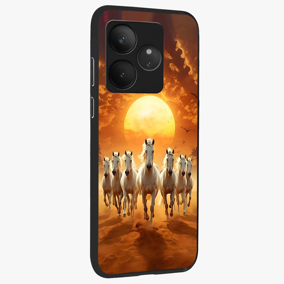 Wild Sunset Majesty Glass Case upright view showcasing dramatic sunset artwork with bold nature theme.