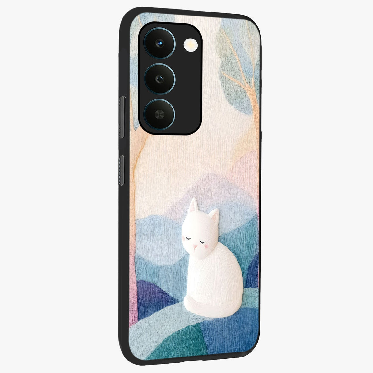 Cotton Dream Cat Glass Case upright view showcasing charming cat artwork with cozy dreamy theme.