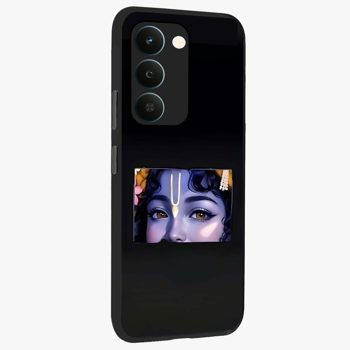 Krishna Divine Embrace Glass Case upright view showcasing sacred Krishna artwork with peaceful devotional theme.