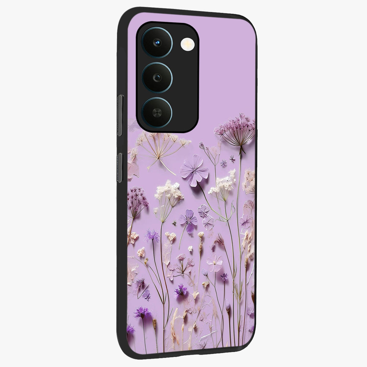 Lavender Blossom Dream Glass Case upright view showcasing delicate lavender blossom artwork with peaceful floral theme.