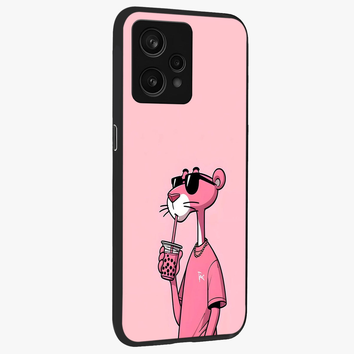 Pink Panther Glass Case upright view showcasing fun animated artwork with stylish retro cartoon theme.