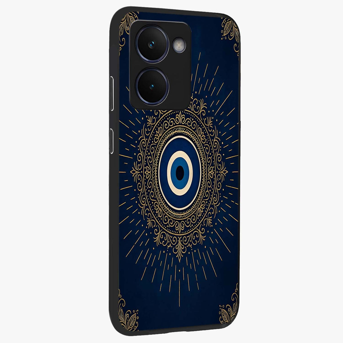 Golden Celestial Charm Glass Case upright view showcasing radiant celestial artwork with elegant golden theme.
