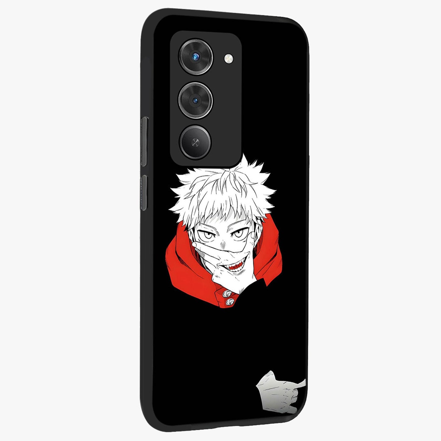 Crimson Chaos Smile Glass Case upright view showcasing expressive chaotic artwork with striking visual theme.