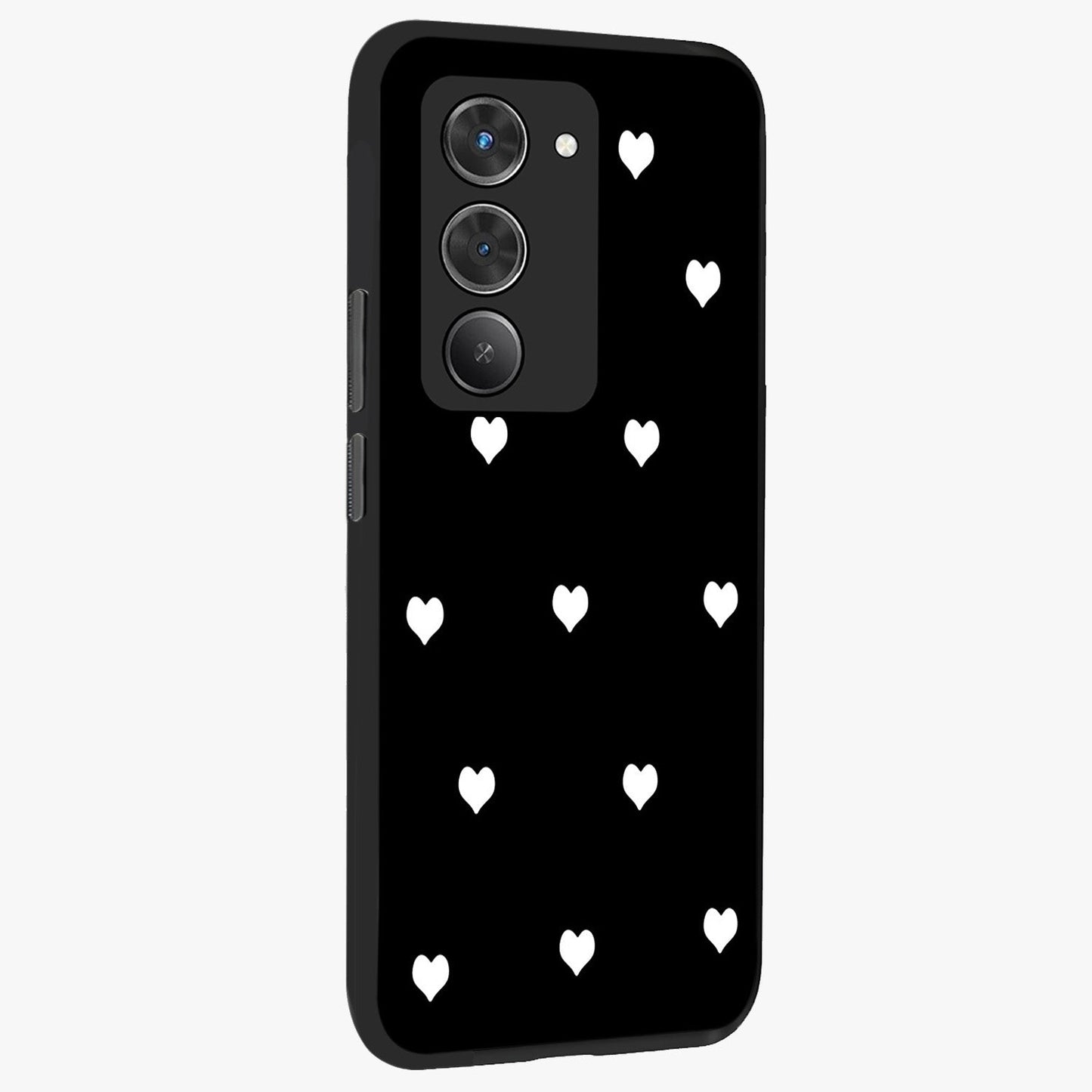 Cute And Simple White Hearts Glass Case upright view showcasing simple white hearts artwork with soft minimal theme.