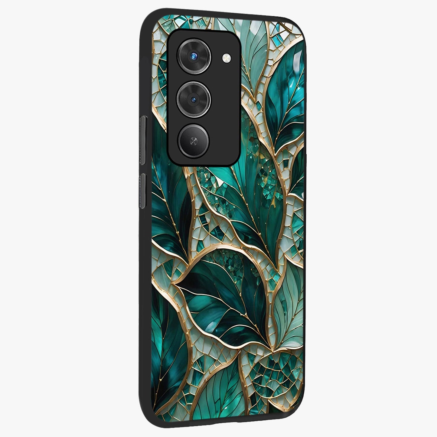 Emerald Leaf Glass Glass Case upright view showcasing fresh green leaf artwork with calming nature inspired style.