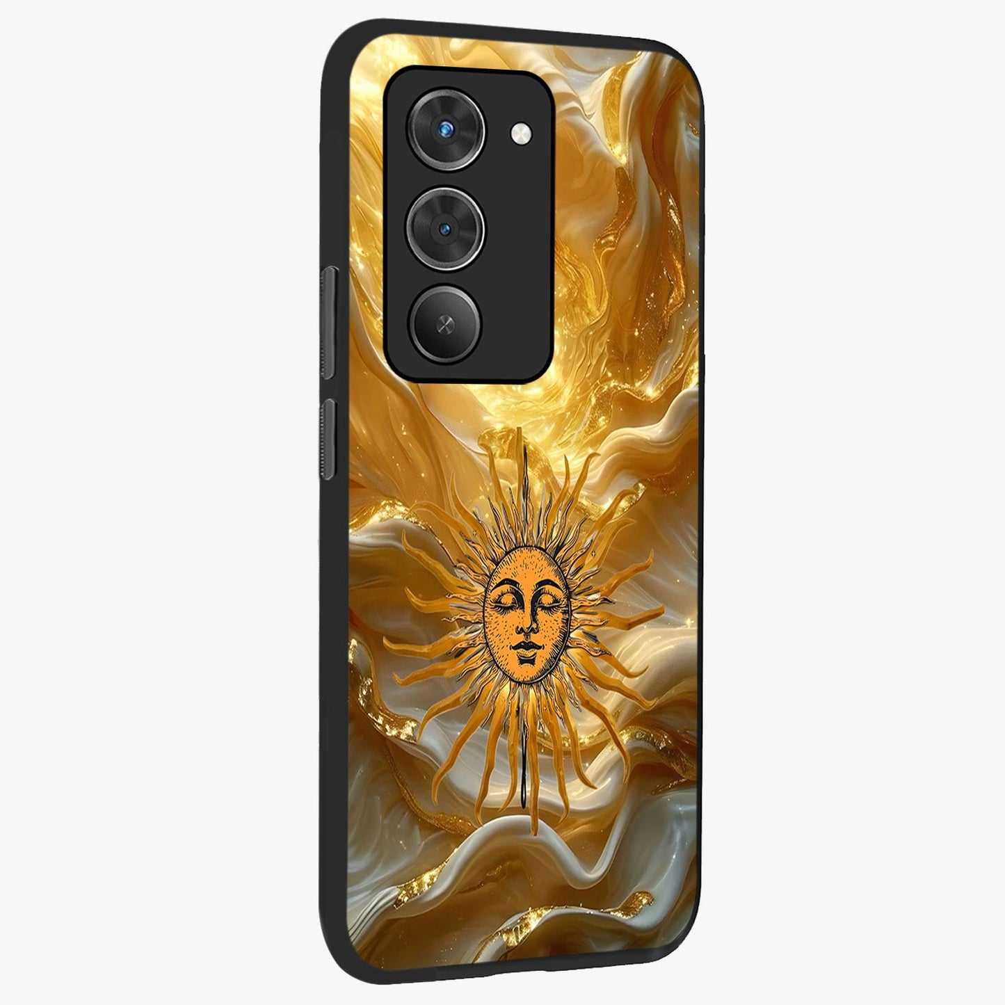 Eternal Golden Glow Glass Case upright view showcasing luminous golden artwork with luxurious visual theme.