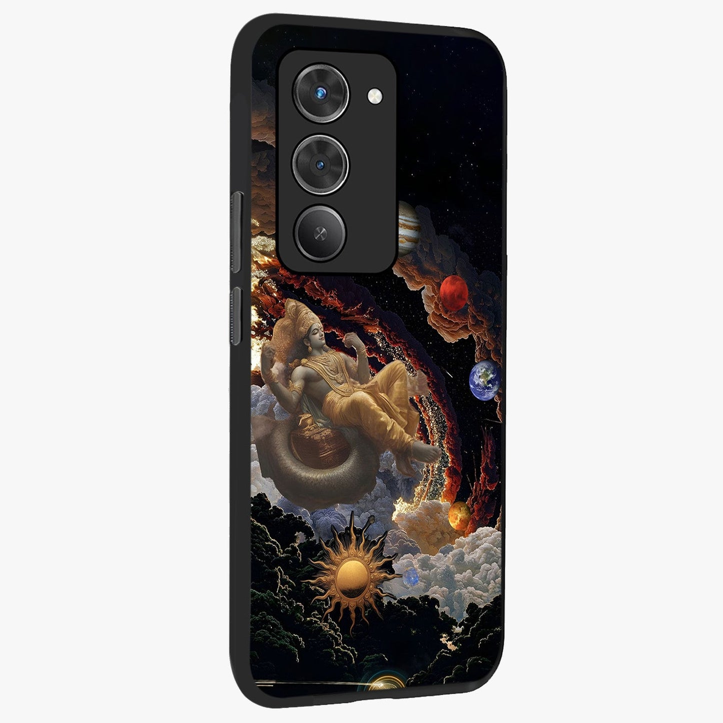 Galactic Divine God Glass Case upright view showcasing mystical divine artwork with dramatic cosmic theme.