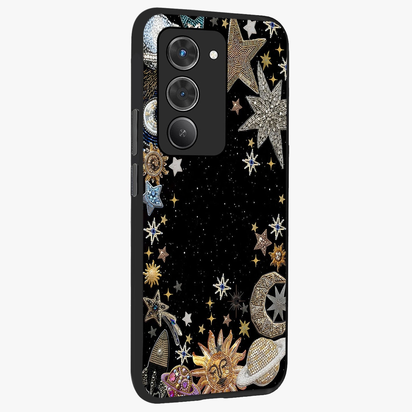 Galactic Jewel Stars Glass Case upright view showcasing glittering star jewel artwork with vibrant galaxy theme.