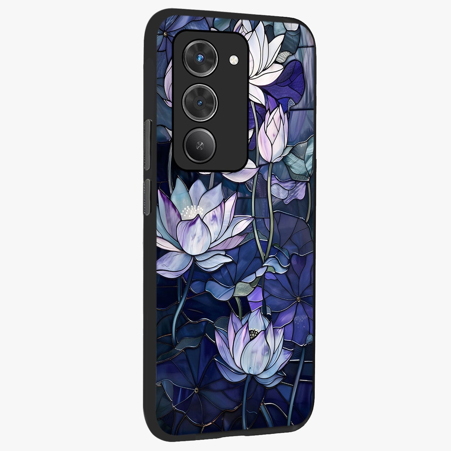 Gloss Petal Rush Glass Case upright view showcasing dynamic floral petal artwork with modern botanical theme.