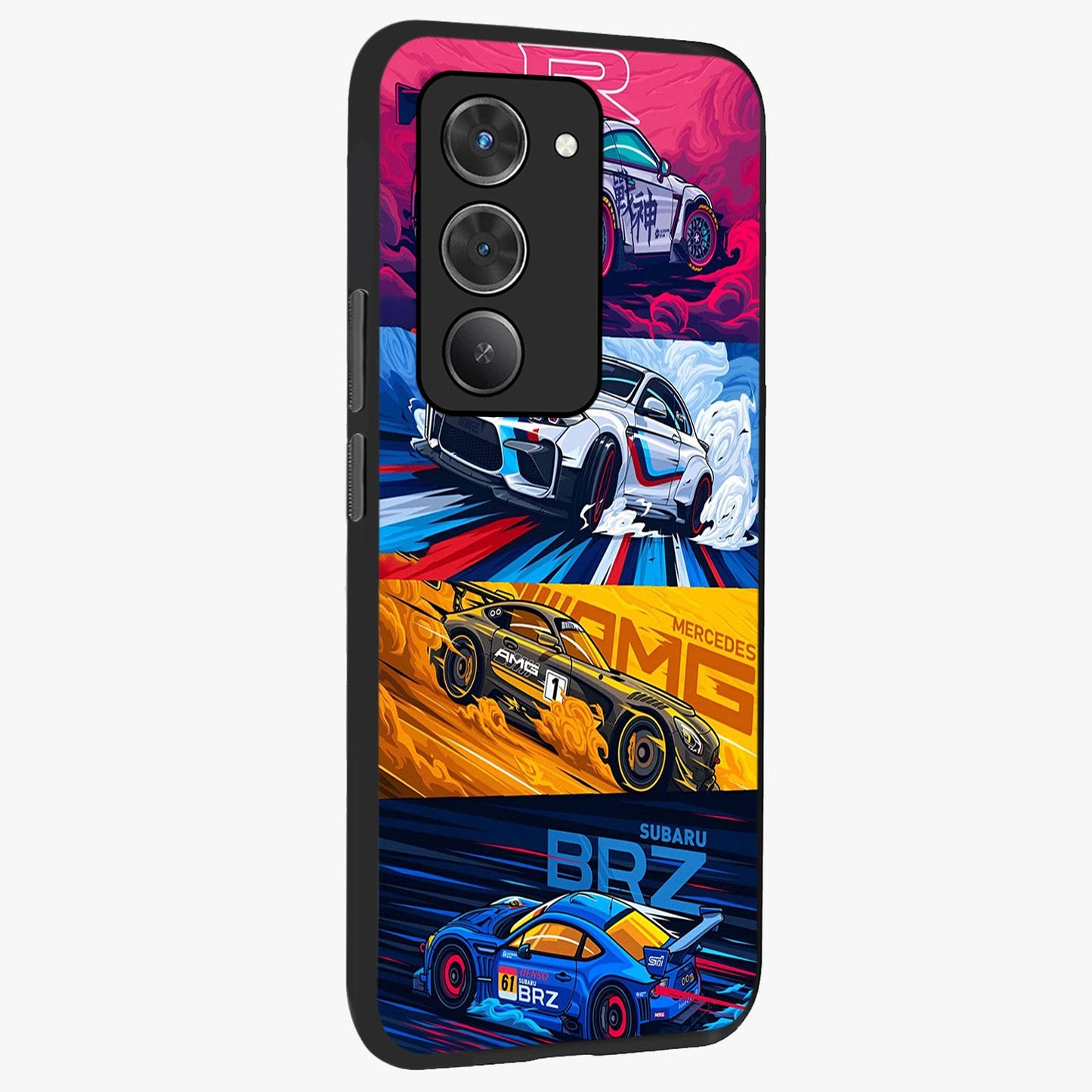 JDM Sports Car Glass Case upright view showcasing dynamic sports car artwork with bold racing theme.