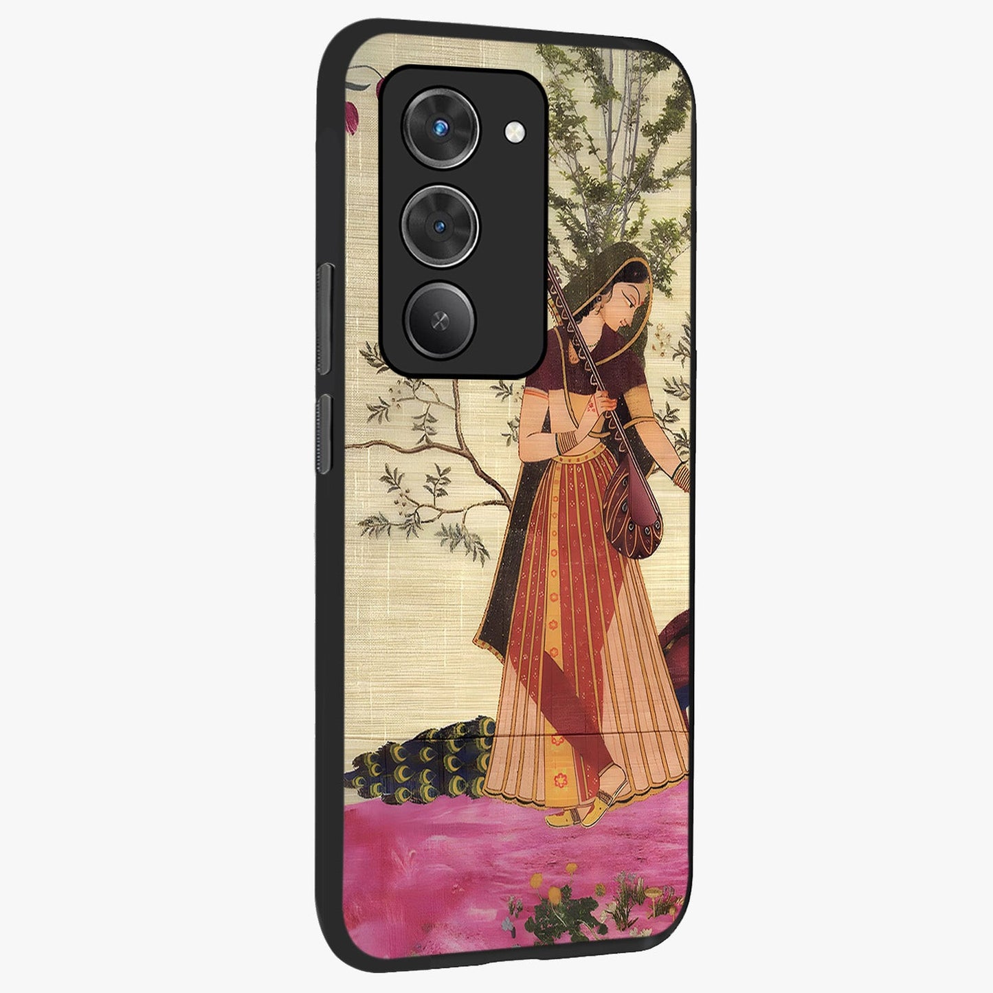Lady With Veena Art Glass Case upright view showcasing classical veena artwork with traditional artistic theme.