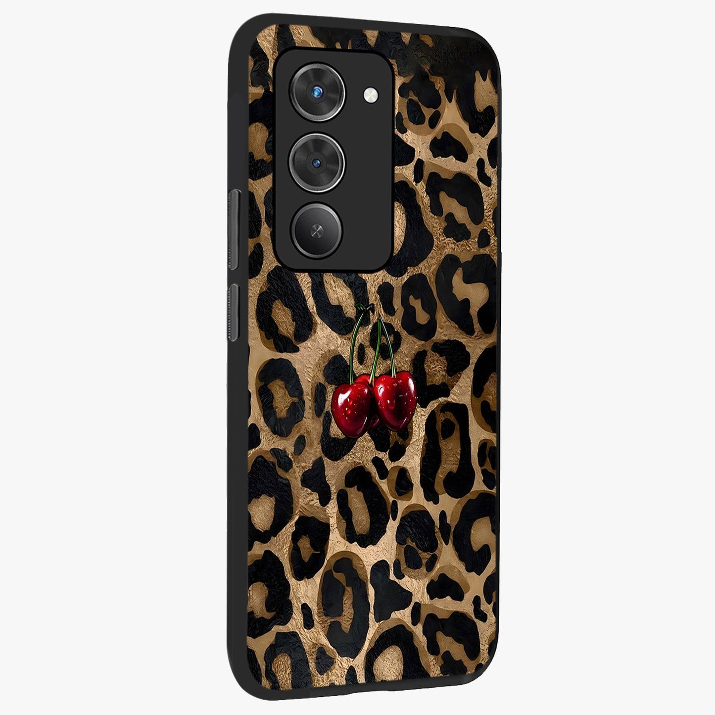 Leopard Wild Cherry Glass Case upright view showcasing stylish leopard pattern artwork with trendy fashion theme.