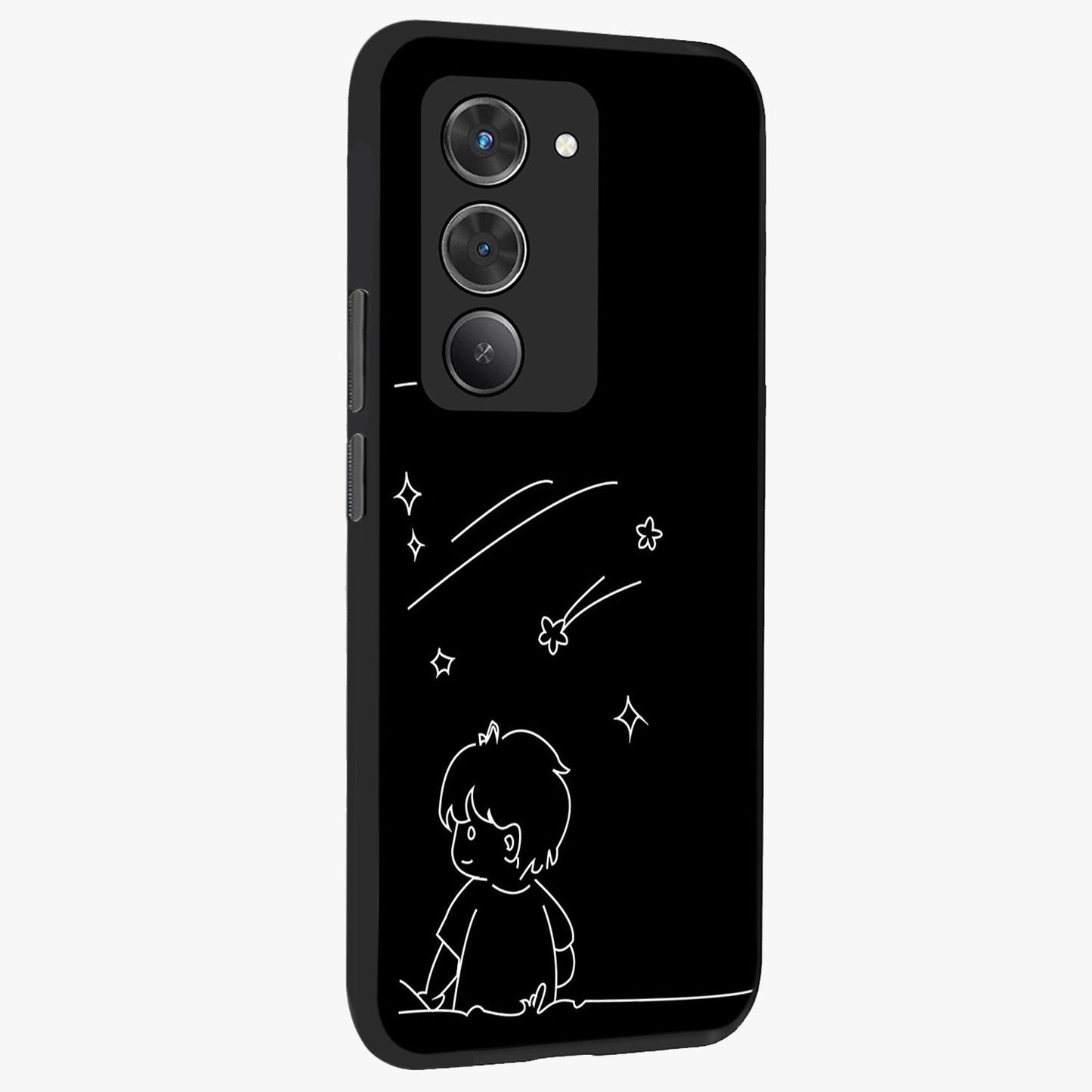 Line Art Boy With Shooting Stars Glass Case upright view showcasing artistic shooting star illustration with minimal style.