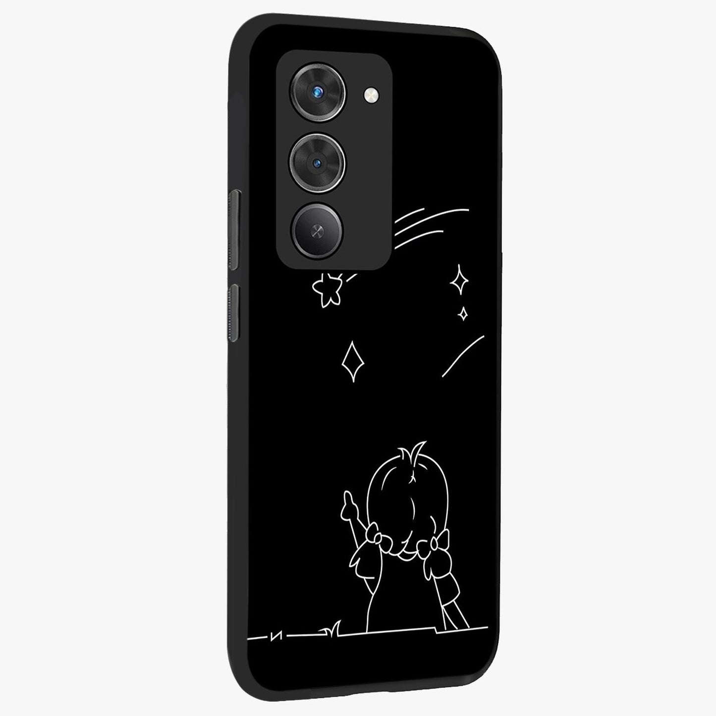 Line Art Girl With Shooting Stars Glass Case upright view showcasing delicate shooting stars artwork with minimal artistic theme.