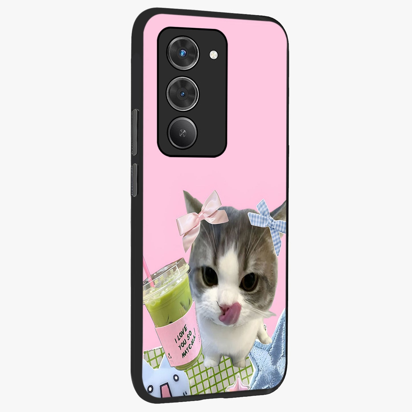 Love Matcha Cat Glass Case upright view showcasing adorable cat artwork with charming matcha themed design.