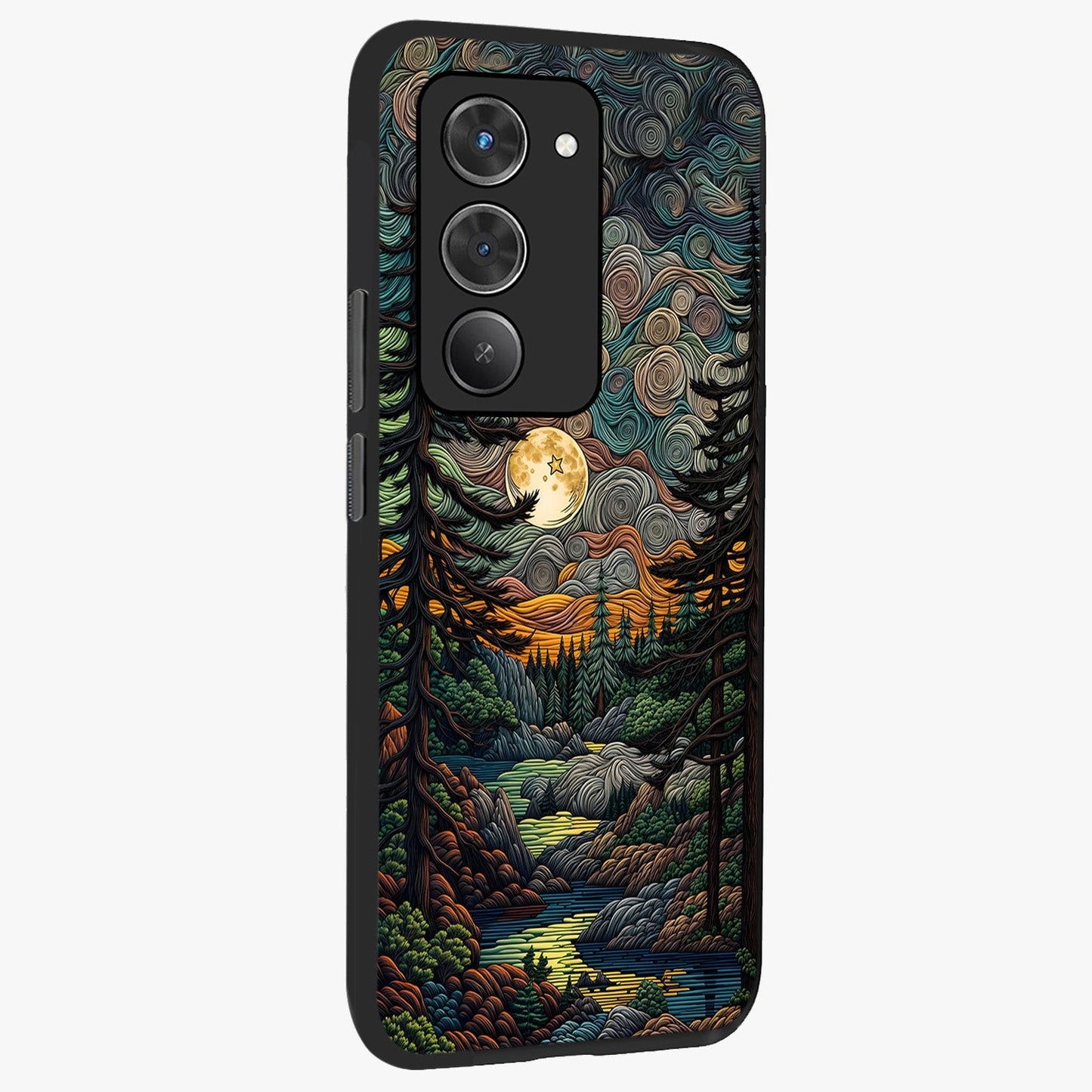 Moonlight Forest Dream Glass Case upright view showcasing magical forest artwork with calm night theme.