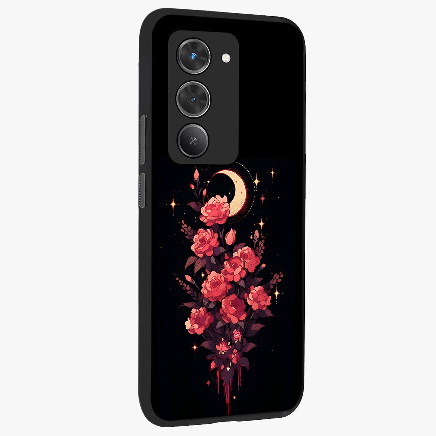 Moonlit Floral Elegance Glass Case upright view showcasing delicate floral artwork with refined night inspired theme.