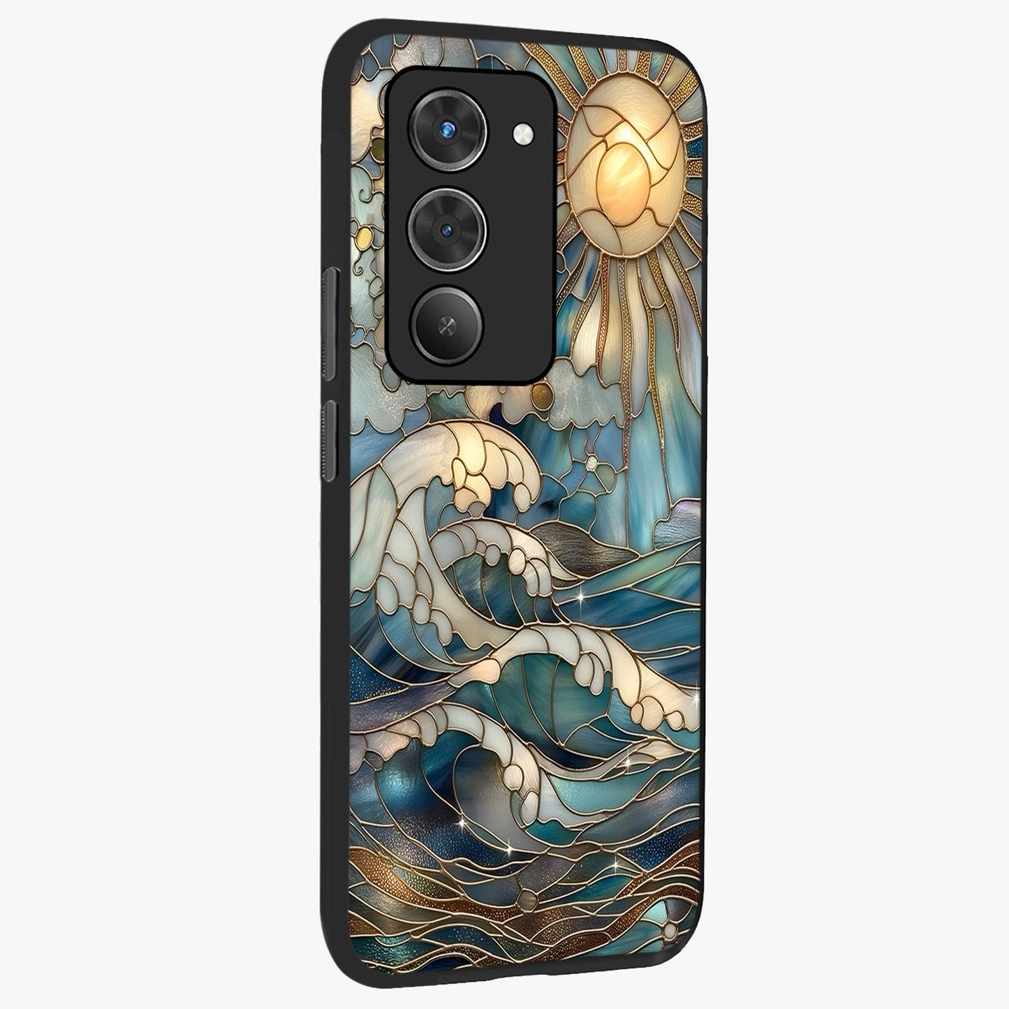 Oceanic Stained Printed Glass Case upright view showcasing decorative ocean pattern artwork with vibrant marine theme.