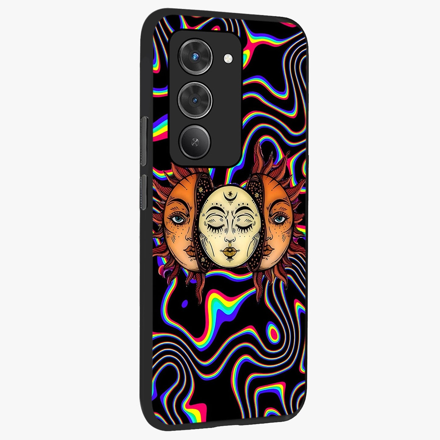 Psychedelic Sun Glass Case upright view showcasing trippy sun artwork with bold psychedelic theme.