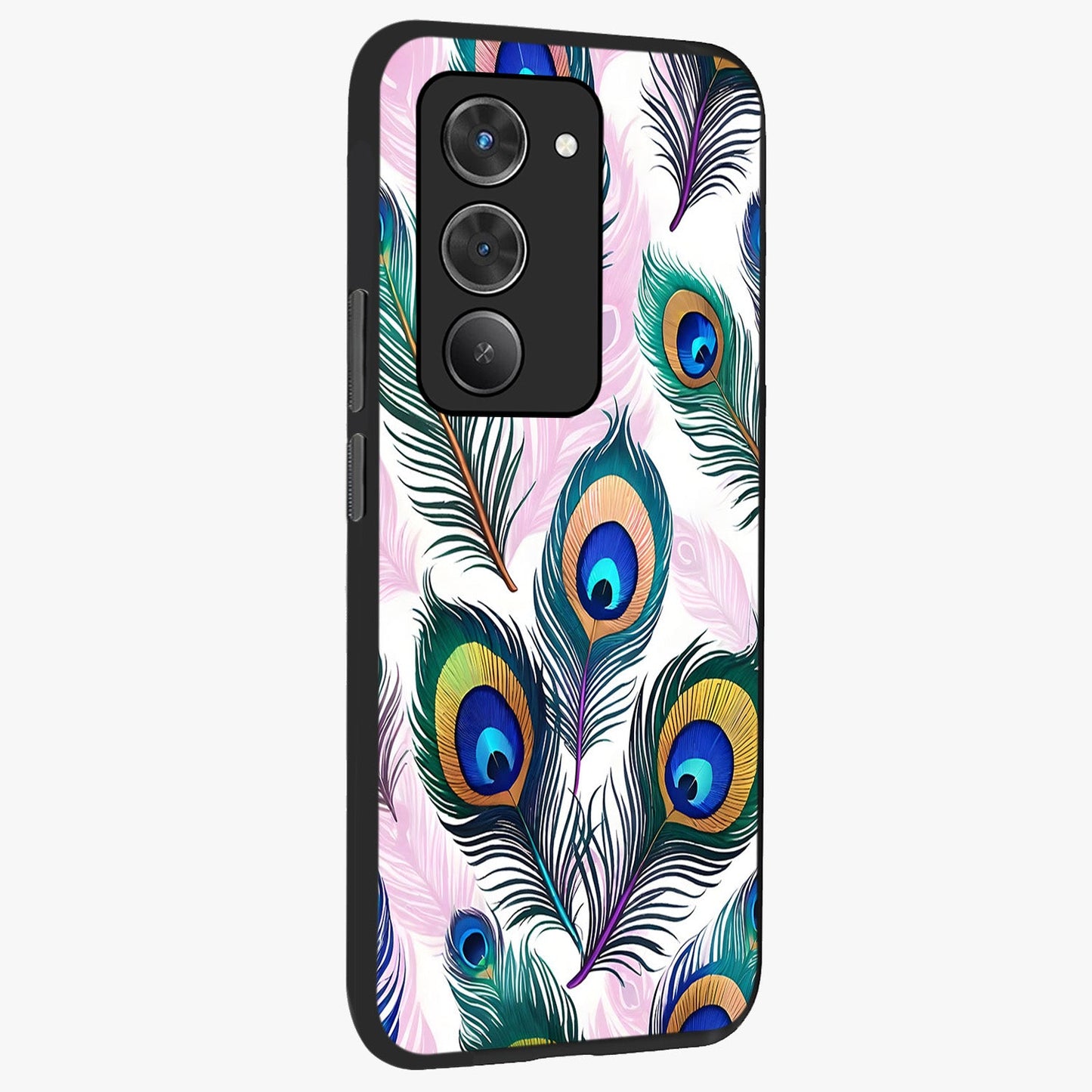 Royal Peacock Feathers Glass Case upright view showcasing elegant peacock feather artwork with decorative royal theme.
