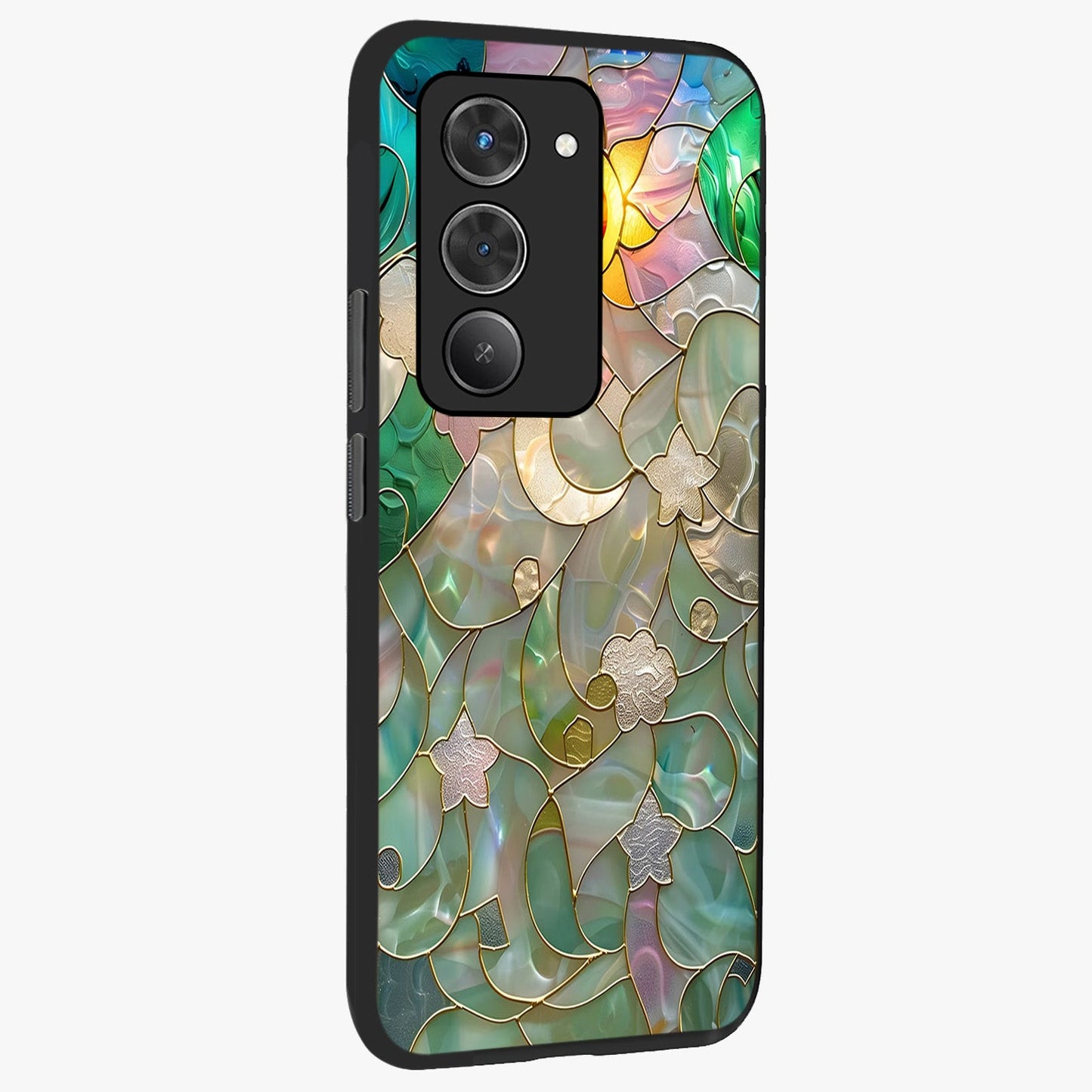 Stained Sunrise Glow Glass Case upright view showcasing colorful sunrise artwork with warm morning theme.