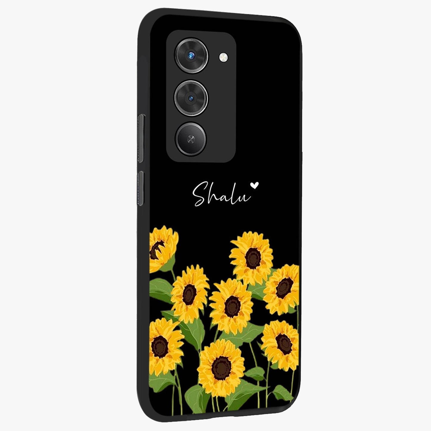Sunflower Chic Mood Custom Name Glass Case upright view showcasing cheerful sunflower artwork with trendy floral theme.