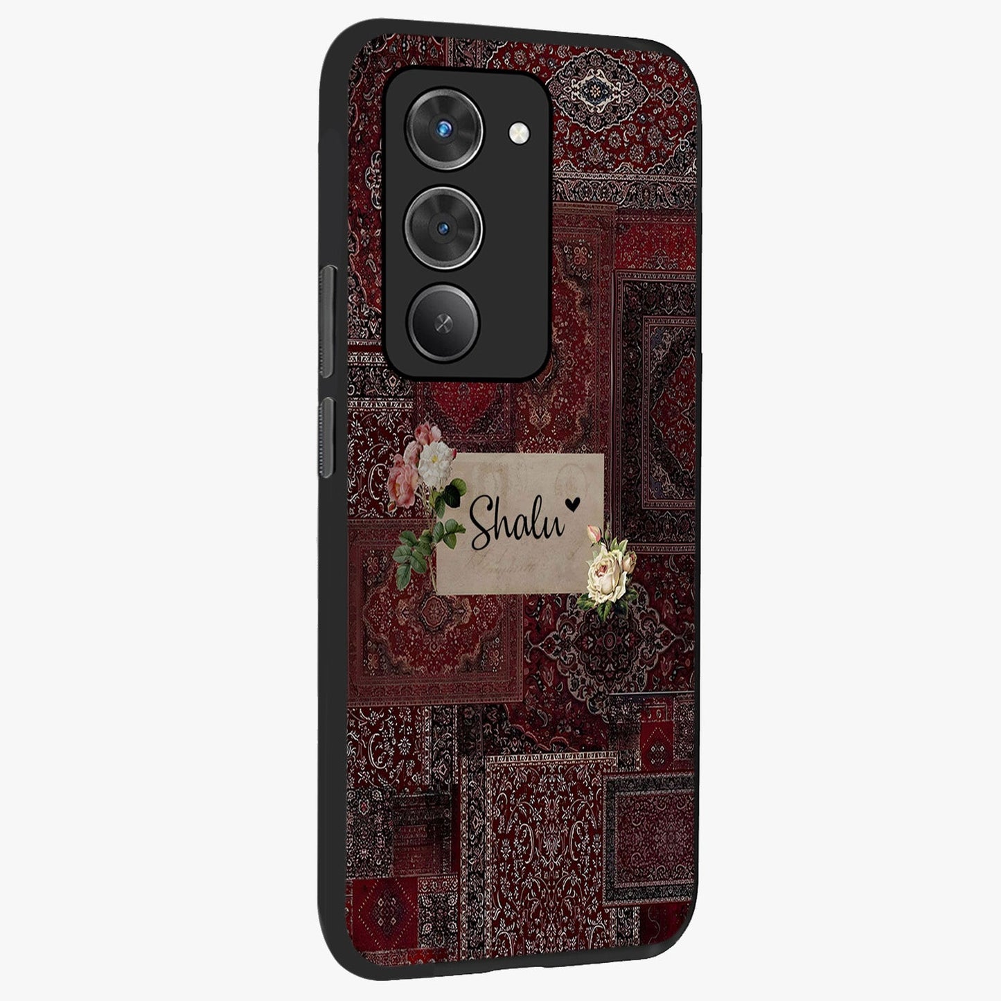 Velvet Wine Pattern Custom Name Glass Case upright view showcasing luxurious wine toned artwork with personalized aesthetic.