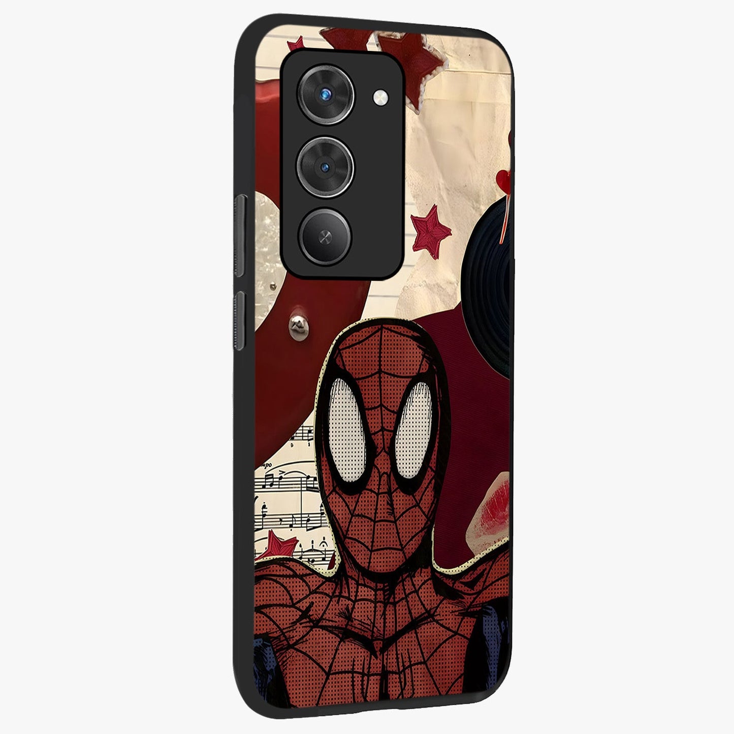 Web Warrior Vibes Glass Case upright view showcasing energetic superhero artwork with bold action theme.