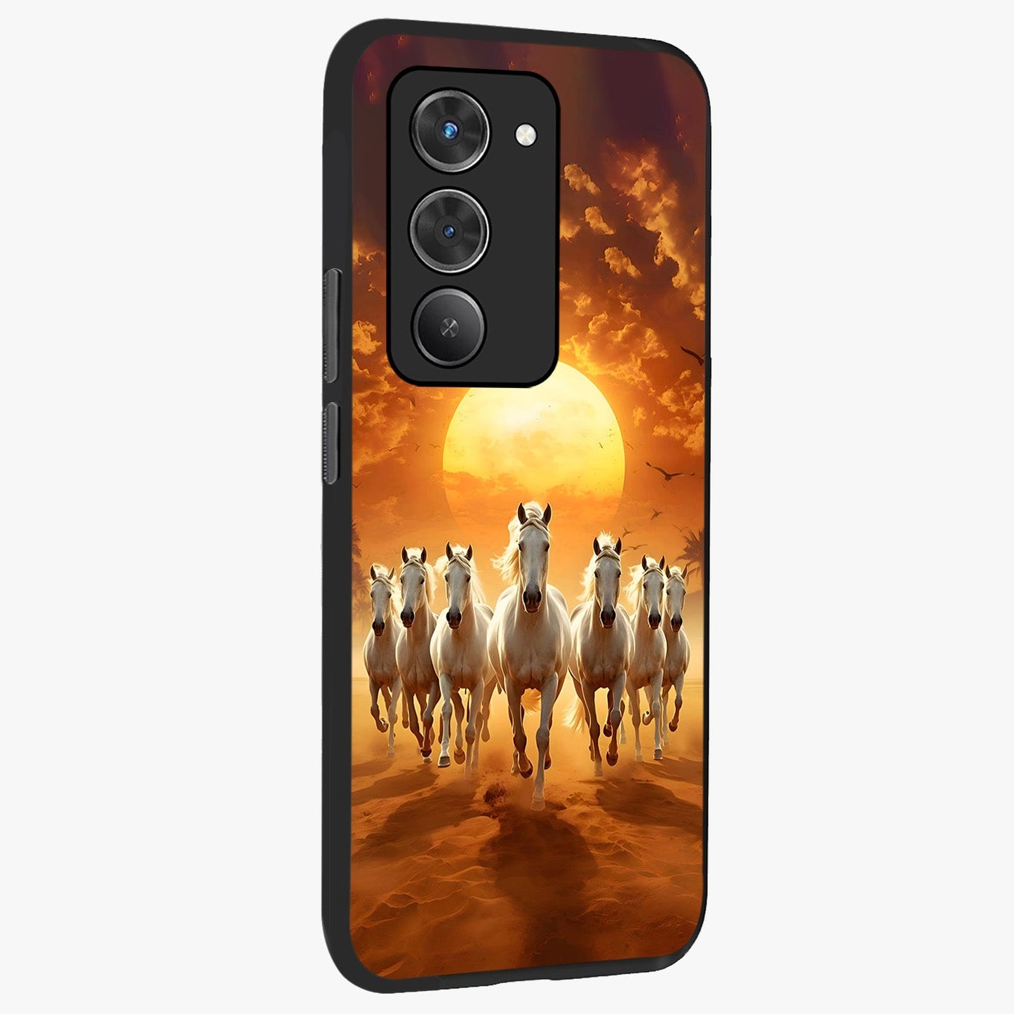 Wild Sunset Majesty Glass Case upright view showcasing dramatic sunset artwork with bold nature theme.