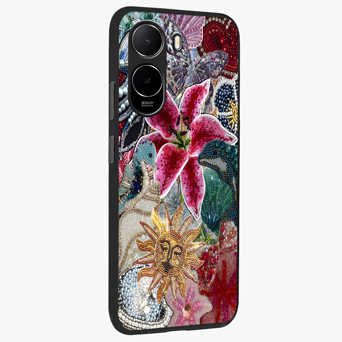 Beaded Garden Fantasy Glass Case upright view showcasing whimsical garden aesthetic with artistic bead details.