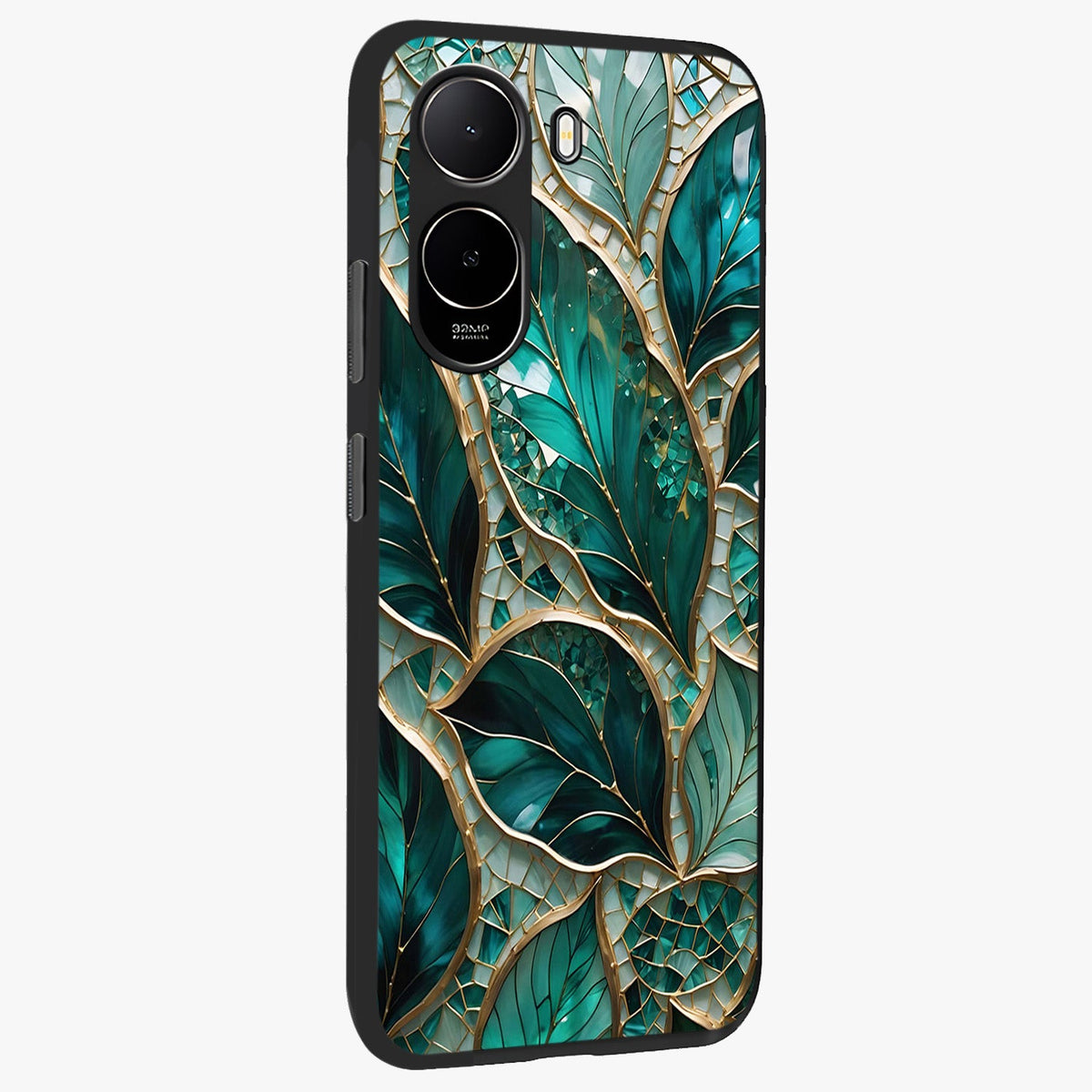 Emerald Leaf Glass Glass Case upright view showcasing fresh green leaf artwork with calming nature inspired style.