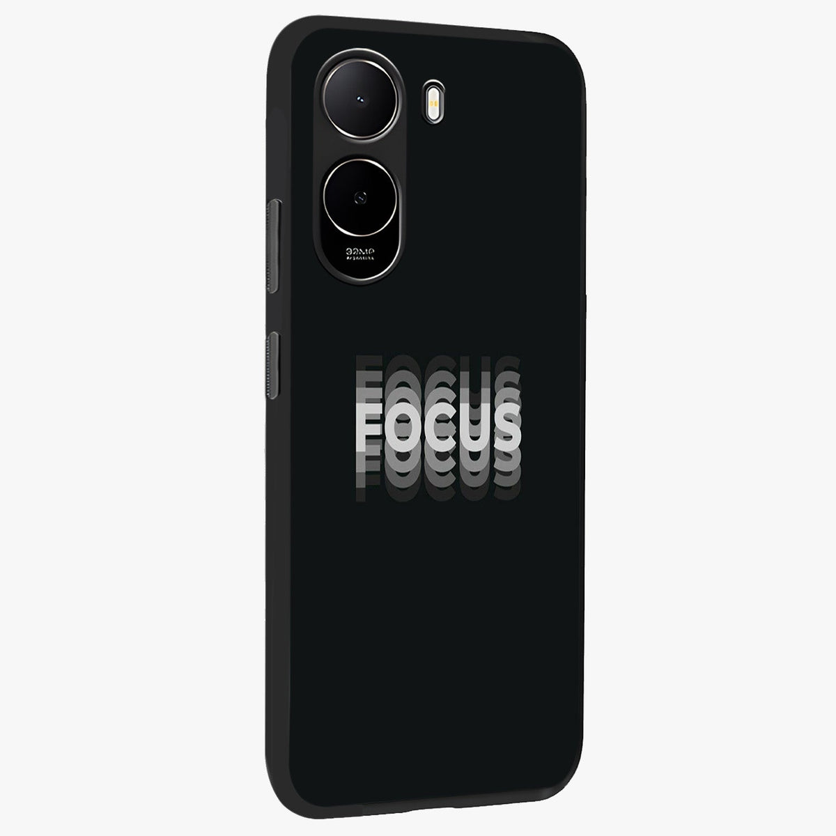 Focus Mode On Glass Case upright view showcasing strong typography statement with sleek motivational theme.