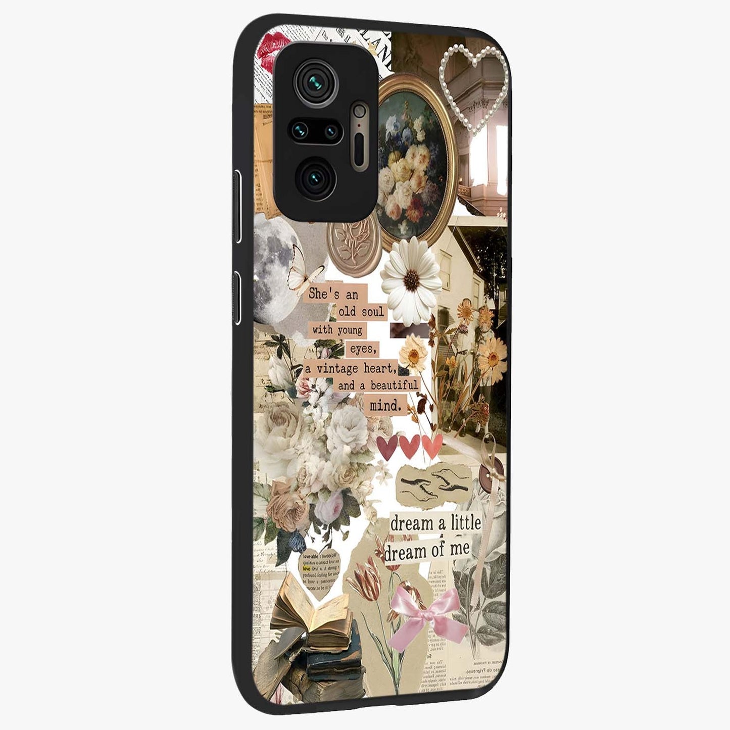 Aesthetic Brown Vintage Collage Glass Case upright view showcasing nostalgic retro artwork with stylish vintage theme.
