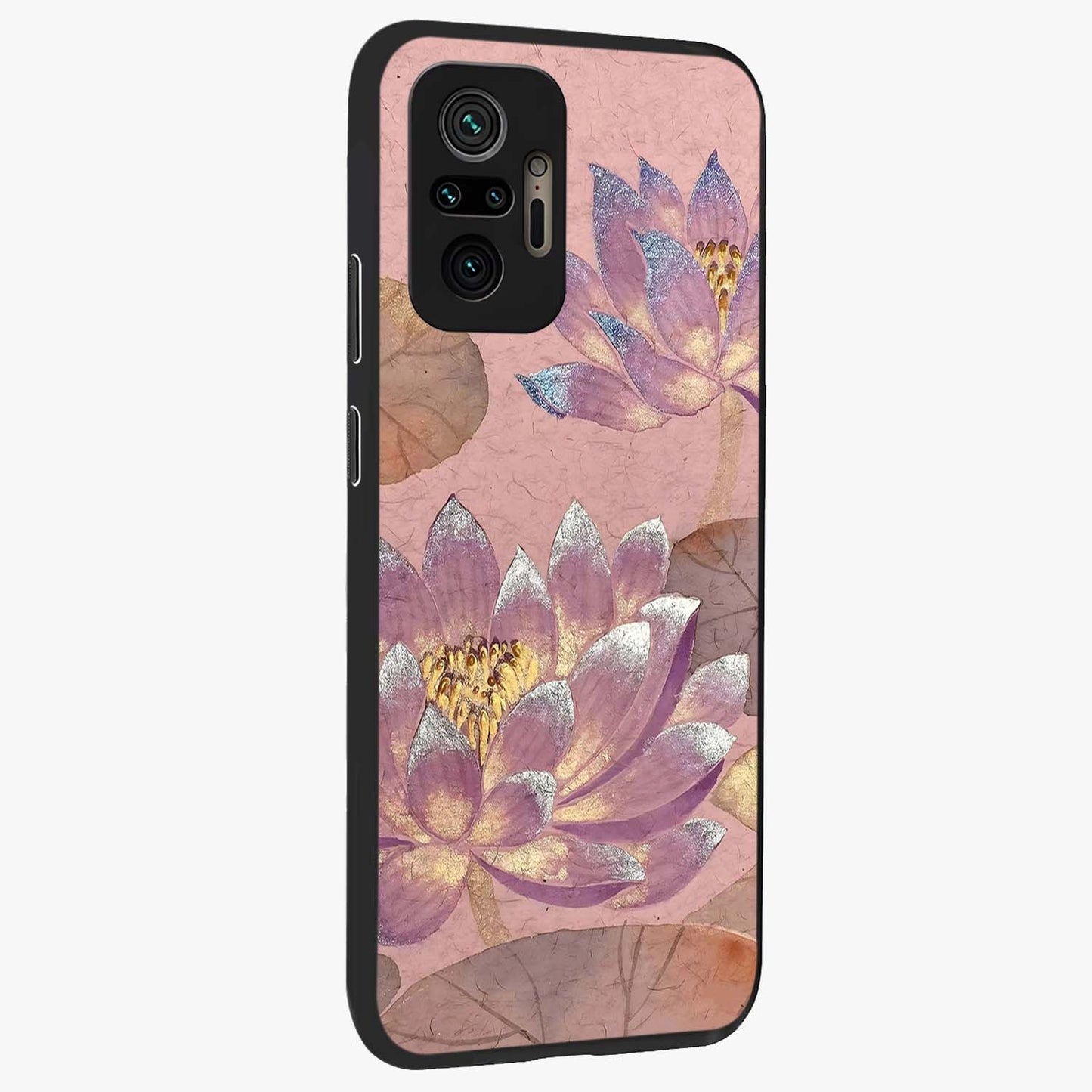 Blossom Mist Lotus Glass Case upright view showcasing graceful lotus flower design with peaceful botanical style.