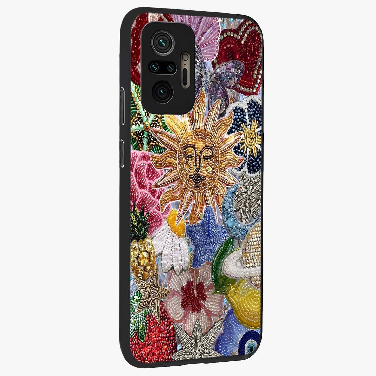 Celestial Floral and Playful Glass Case upright view showcasing whimsical floral artwork with cosmic aesthetic theme.