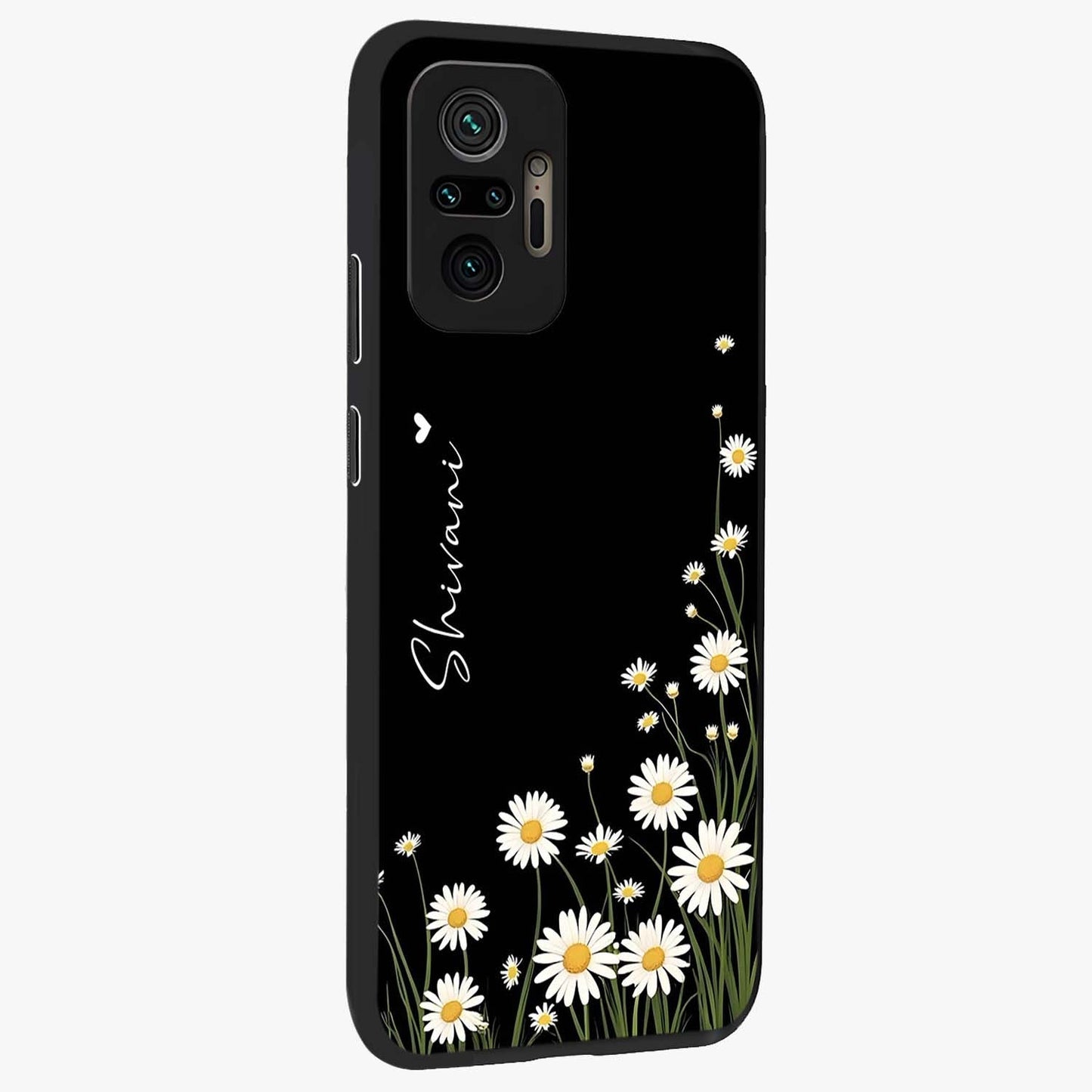 Daisy Cascade Custom Name Glass Case upright view showcasing elegant floral cascade design with personalized aesthetic.