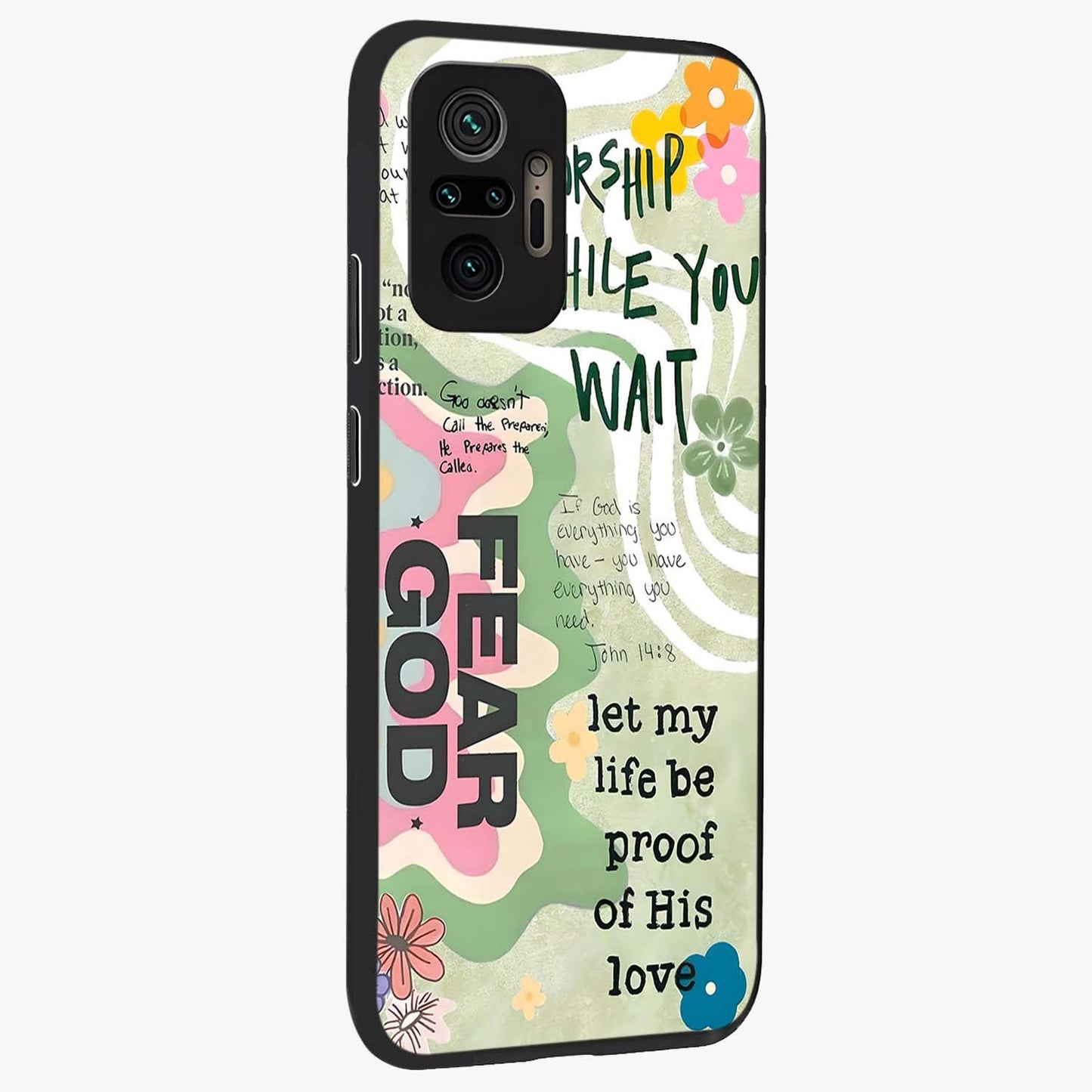 Faith Over Fear Glass Case upright view showcasing bold typography artwork with uplifting motivational theme.