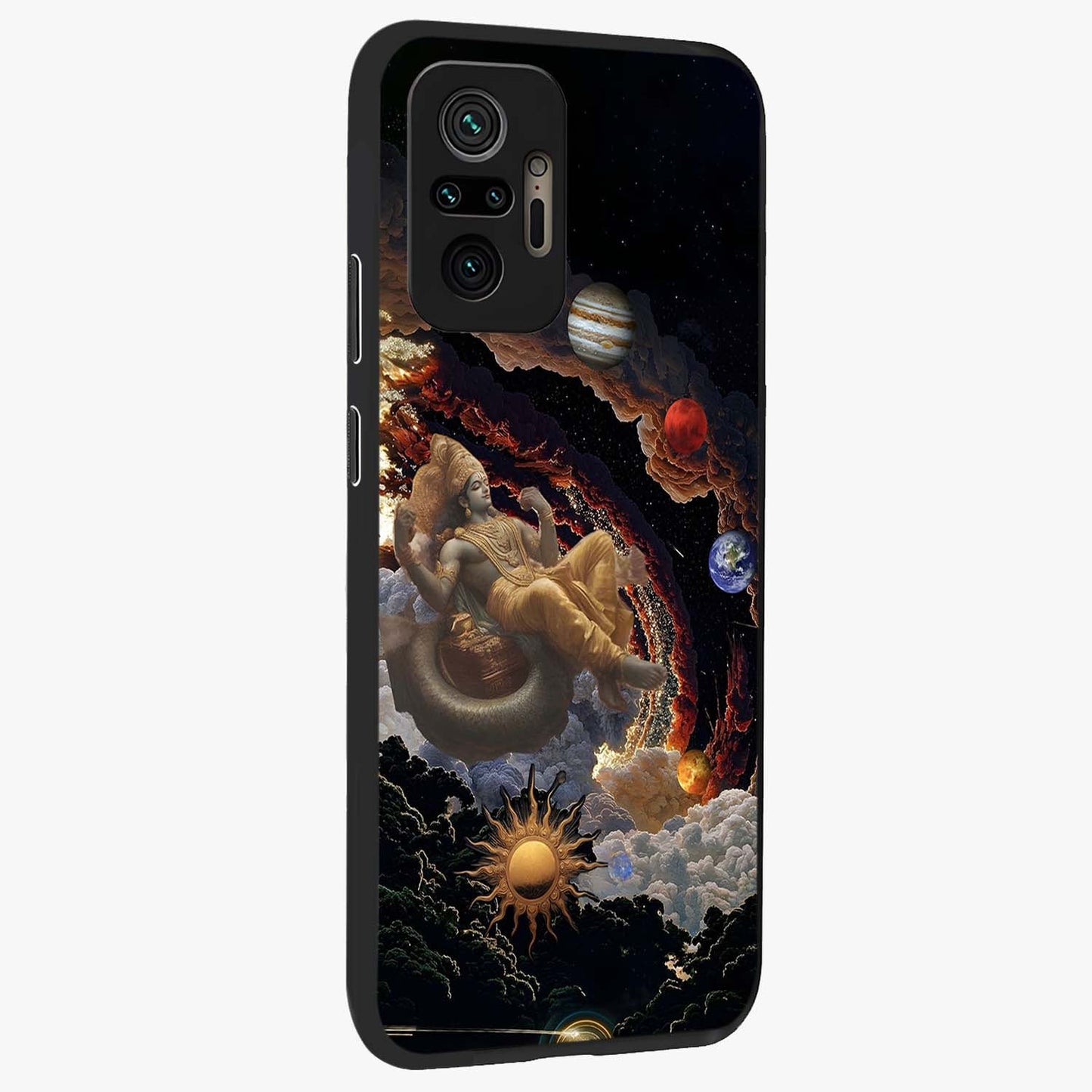 Galactic Divine God Glass Case upright view showcasing mystical divine artwork with dramatic cosmic theme.