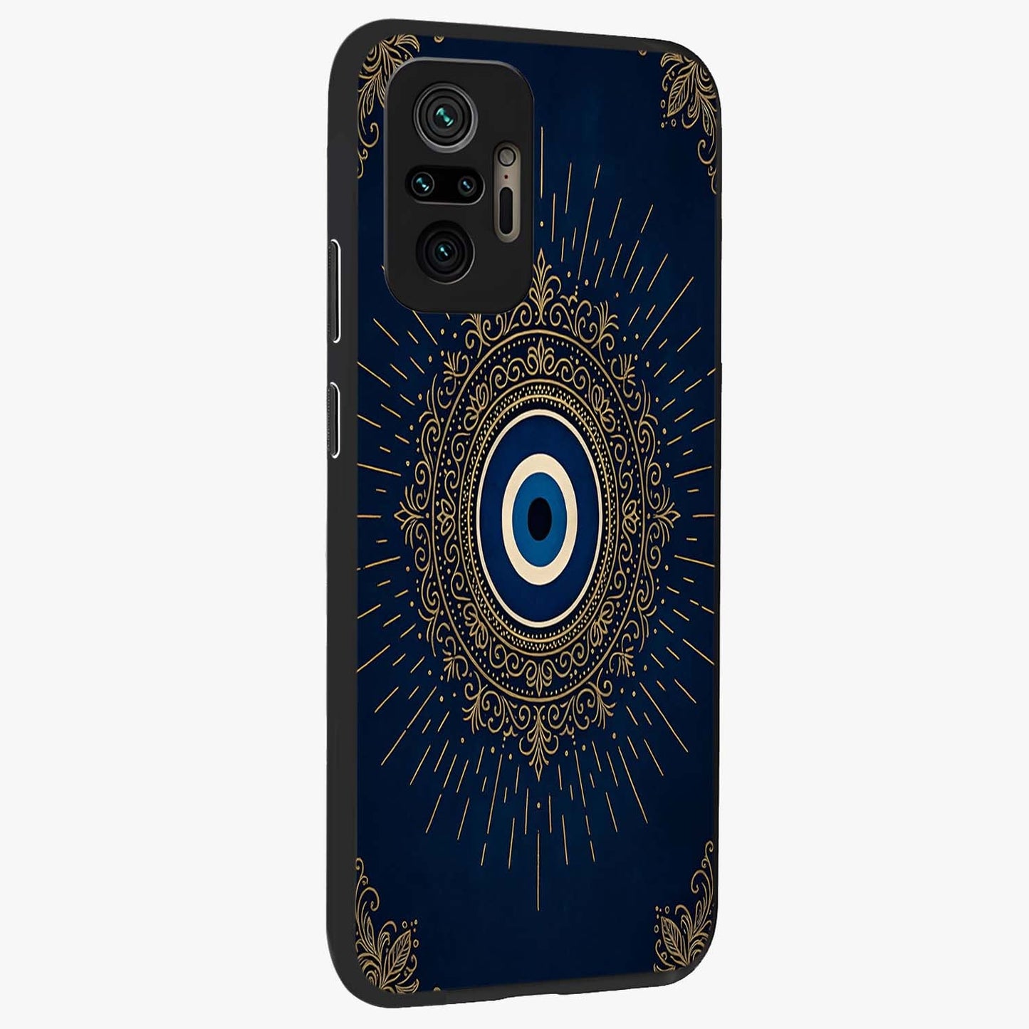 Golden Celestial Charm Glass Case upright view showcasing radiant celestial artwork with elegant golden theme.