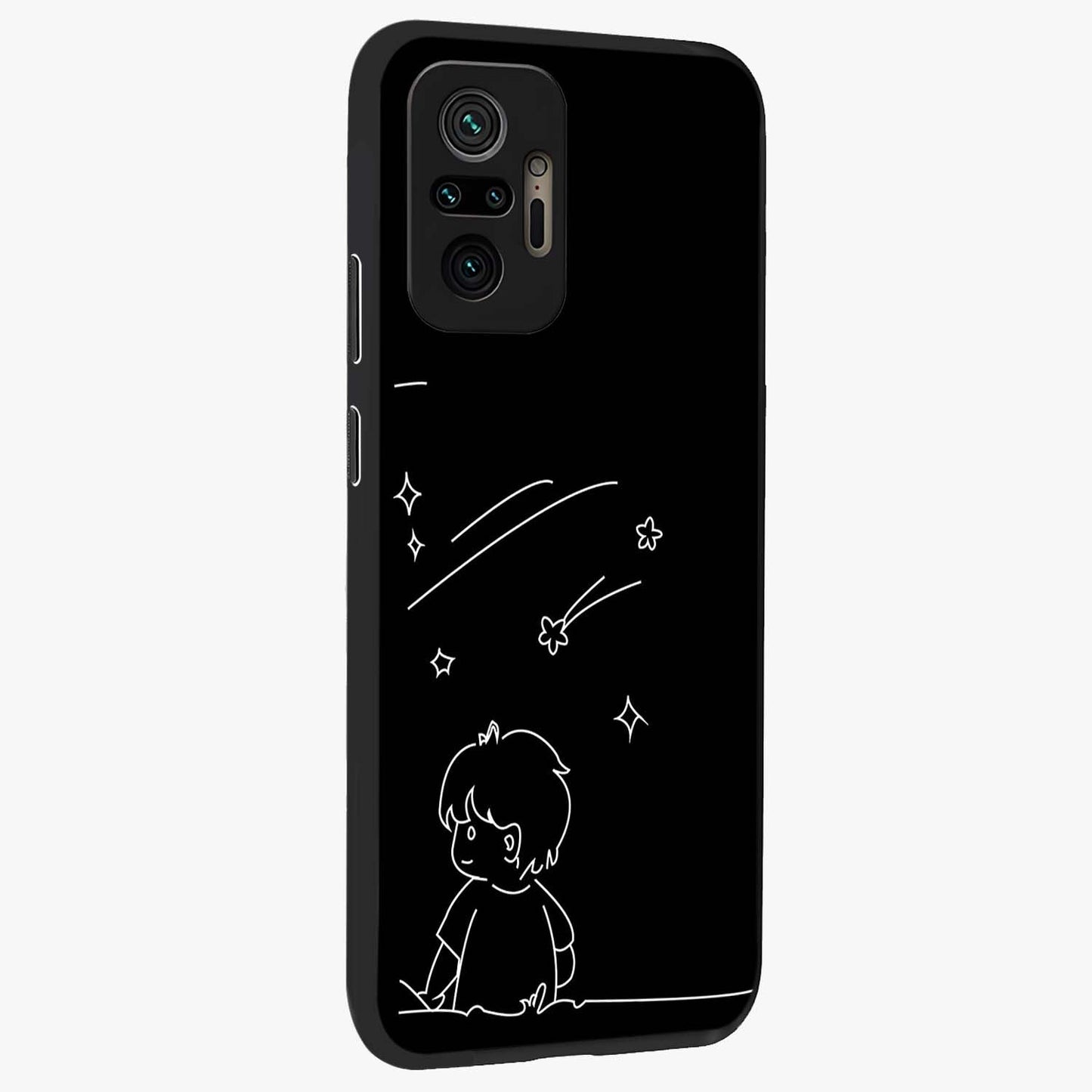 Line Art Boy With Shooting Stars Glass Case upright view showcasing artistic shooting star illustration with minimal style.