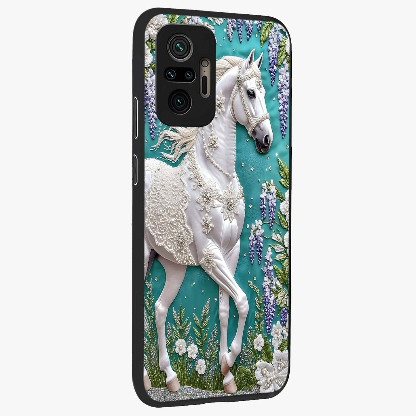 Majestic Floral Stallion Glass Case upright view showcasing dramatic horse artwork with decorative floral theme.