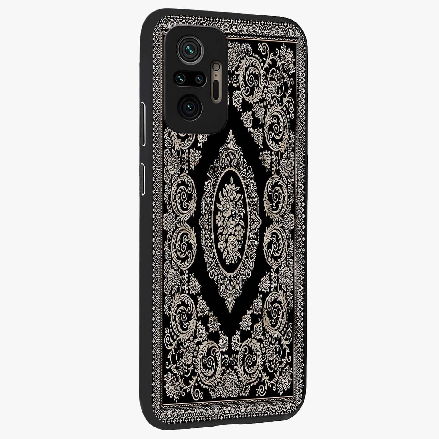 Noir Bloom Elegance Glass Case upright view showcasing graceful floral artwork with luxurious dark theme.
