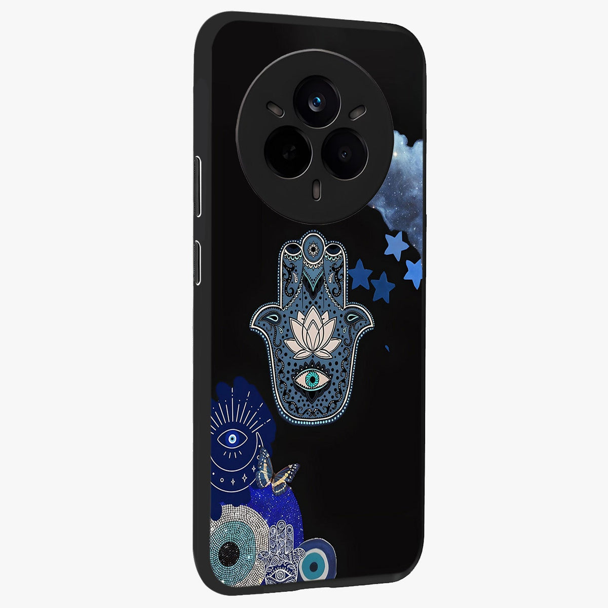 Mystic Hand Aura Glass Case upright view showcasing symbolic hand artwork with mystical energy theme.